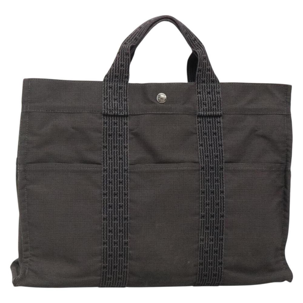 HERMES Her Line MM Hand Bag Canvas Gray Silver Auth 140108